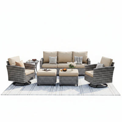 Patio Furniture Set, 6 Pieces Outdoor Patio Set, All-Weather Wicker Rattan Outdoor Furniture Set with Swivel Chairs for Poolside, Backyard, Gray Wicker Khaki Cushions
