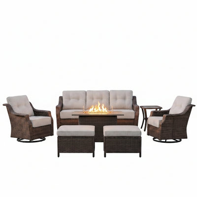 Luxurious 7 Piece Patio Furniture Set with Fire Pit Table, High Back Wicker Swivel Rocker Glider Outdoor Chairs with 6" Cushion, All-Weather Patio Conversation Set for Yard Garden - Brown/Beige