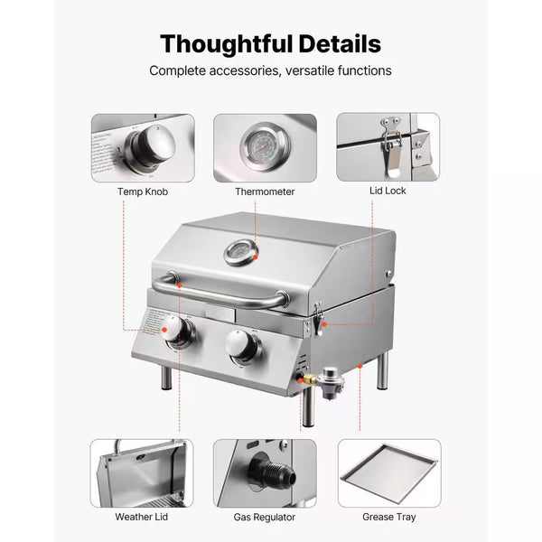 Tabletop Gas Grill, 2-Burner Portable Propane and Natural Gas Grill in Stainless Steel with Thermometer and Regulator