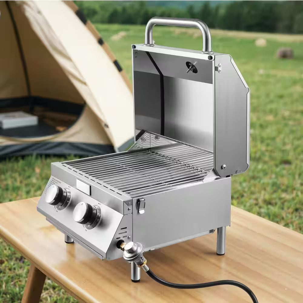 Tabletop Gas Grill, 2-Burner Portable Propane and Natural Gas Grill in Stainless Steel with Thermometer and Regulator