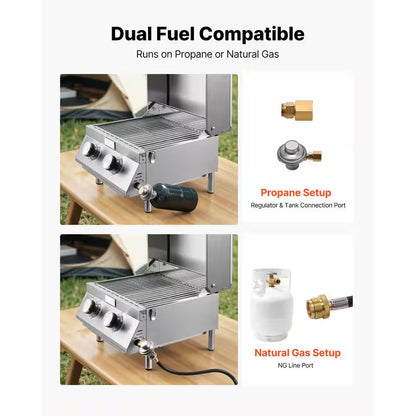 Tabletop Gas Grill, 2-Burner Portable Propane and Natural Gas Grill in Stainless Steel with Thermometer and Regulator