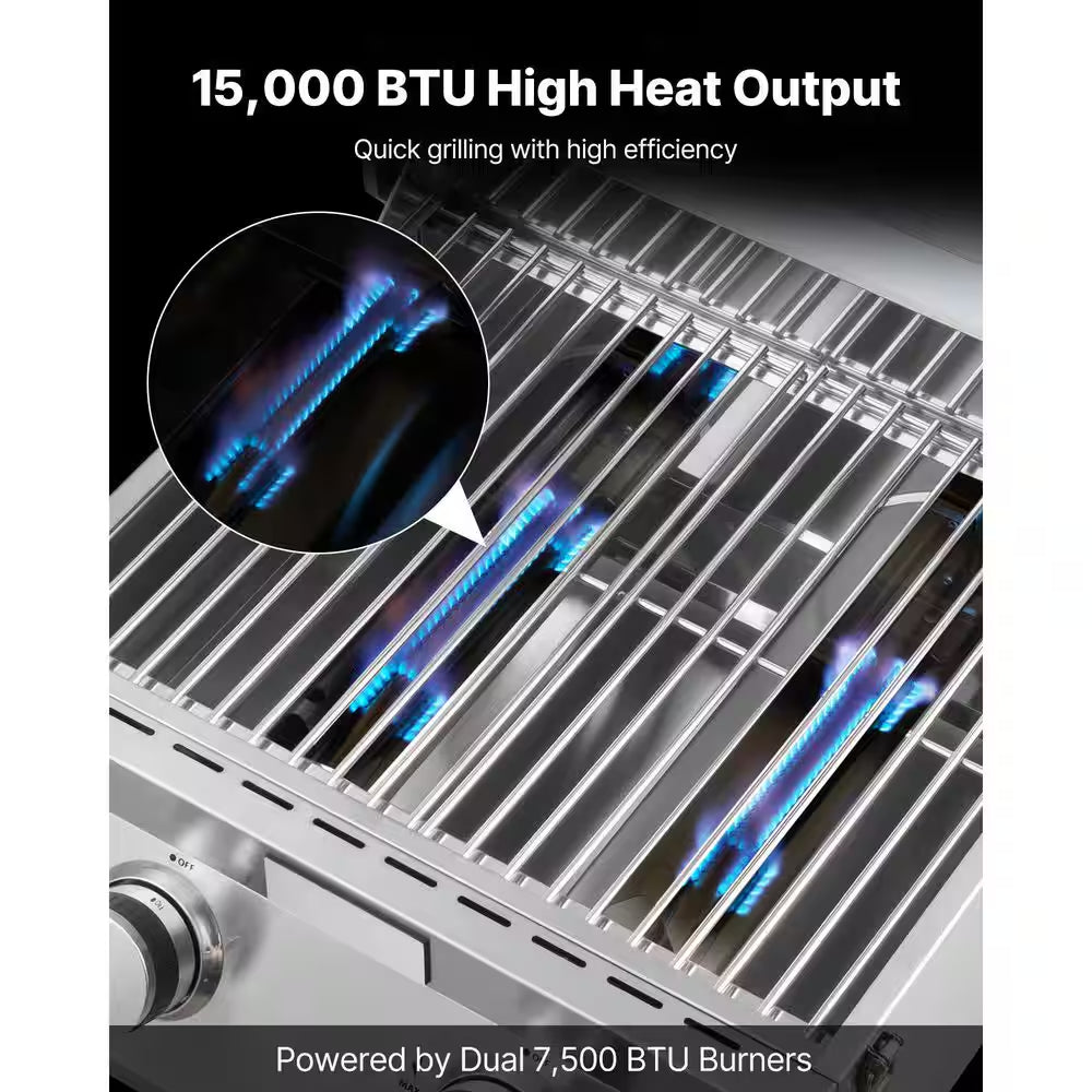 Tabletop Gas Grill, 2-Burner Portable Propane and Natural Gas Grill in Stainless Steel with Thermometer and Regulator