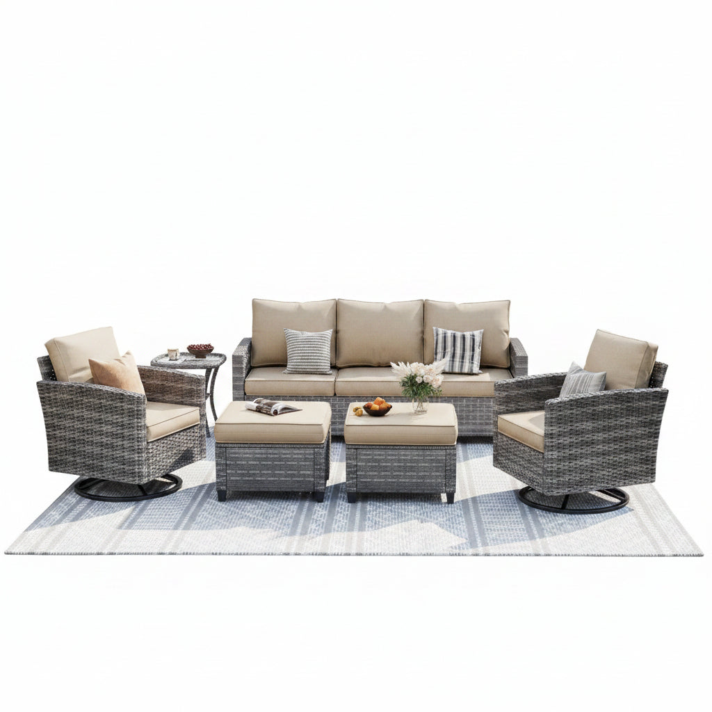 Patio Furniture Set, 6 Pieces Outdoor Patio Set, All-Weather Wicker Rattan Outdoor Furniture Set with Swivel Chairs for Poolside, Backyard, Gray Wicker Khaki Cushions