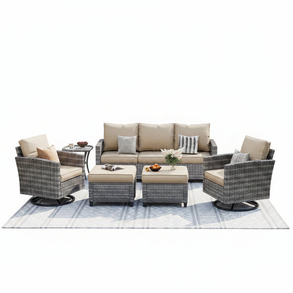 Patio Furniture Set, 6 Pieces Outdoor Patio Set, All-Weather Wicker Rattan Outdoor Furniture Set with Swivel Chairs for Poolside, Backyard, Gray Wicker Khaki Cushions