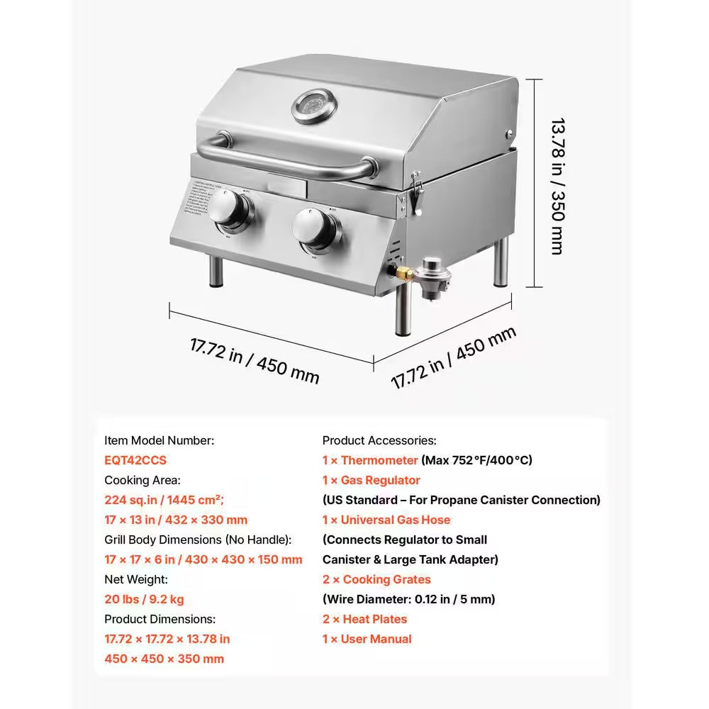Tabletop Gas Grill, 2-Burner Portable Propane and Natural Gas Grill in Stainless Steel with Thermometer and Regulator