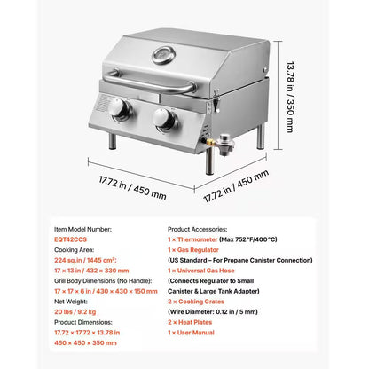 Tabletop Gas Grill, 2-Burner Portable Propane and Natural Gas Grill in Stainless Steel with Thermometer and Regulator