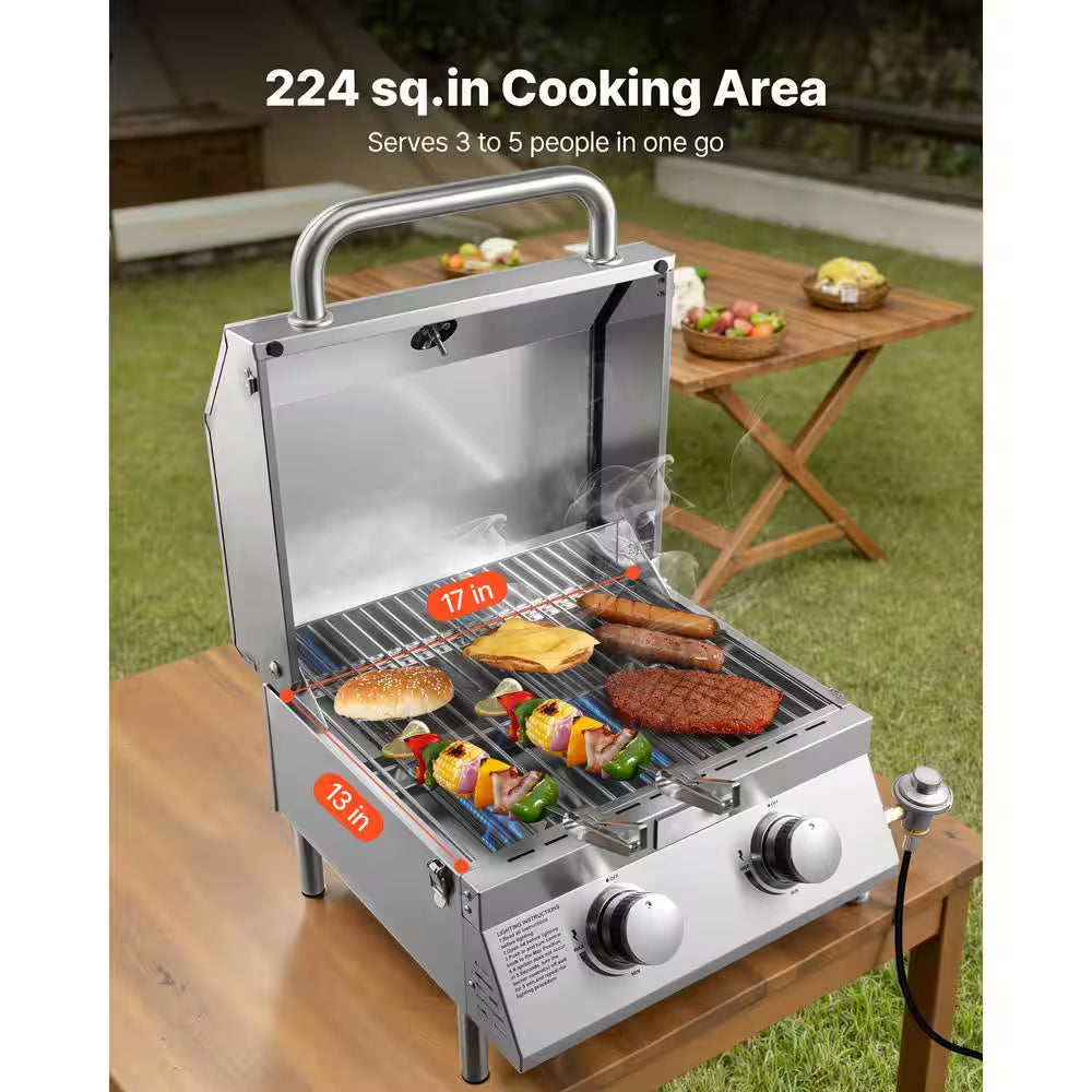 Tabletop Gas Grill, 2-Burner Portable Propane and Natural Gas Grill in Stainless Steel with Thermometer and Regulator