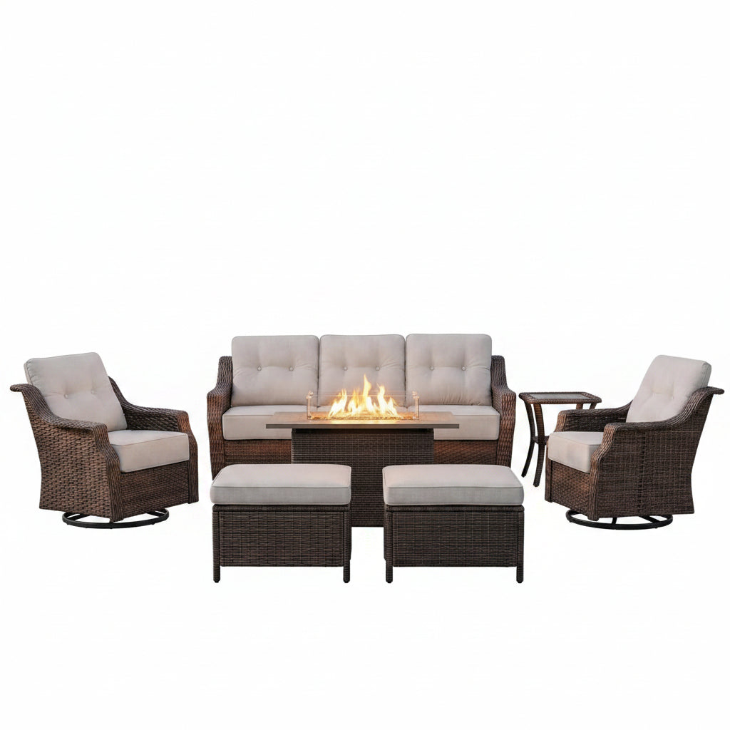 Luxurious 7 Piece Patio Furniture Set with Fire Pit Table, High Back Wicker Swivel Rocker Glider Outdoor Chairs with 6" Cushion, All-Weather Patio Conversation Set for Yard Garden - Brown/Beige
