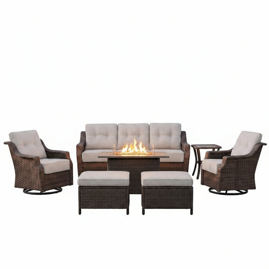 Luxurious 7 Piece Patio Furniture Set with Fire Pit Table, High Back Wicker Swivel Rocker Glider Outdoor Chairs with 6" Cushion, All-Weather Patio Conversation Set for Yard Garden - Brown/Beige